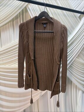 BCBG Max Azria Brown Cable Knit Tie Front Long Sweater (Size: M)
